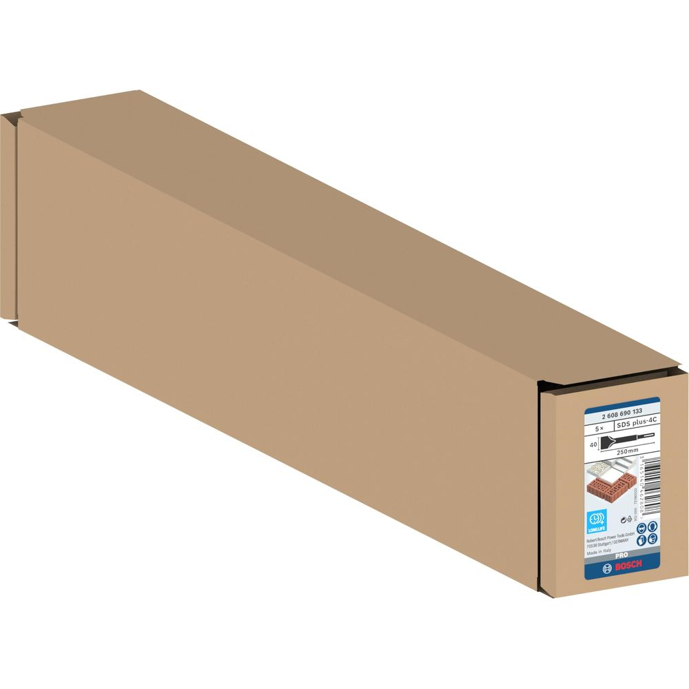 Alet detaylı kahverengi Bosch ambalajı: 5x SDS plus-4C, 250mm.