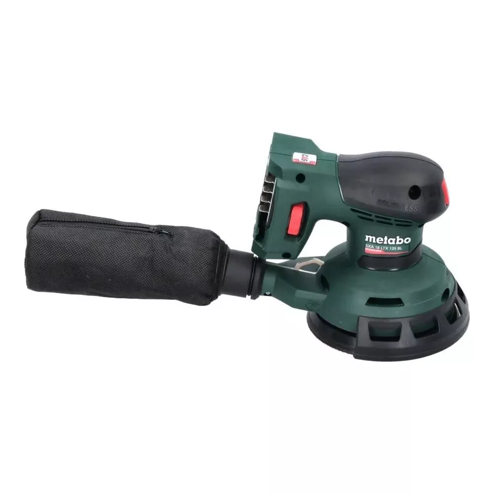 Une ponceuse orbitale Metabo verte avec sac de dépoussiérage.