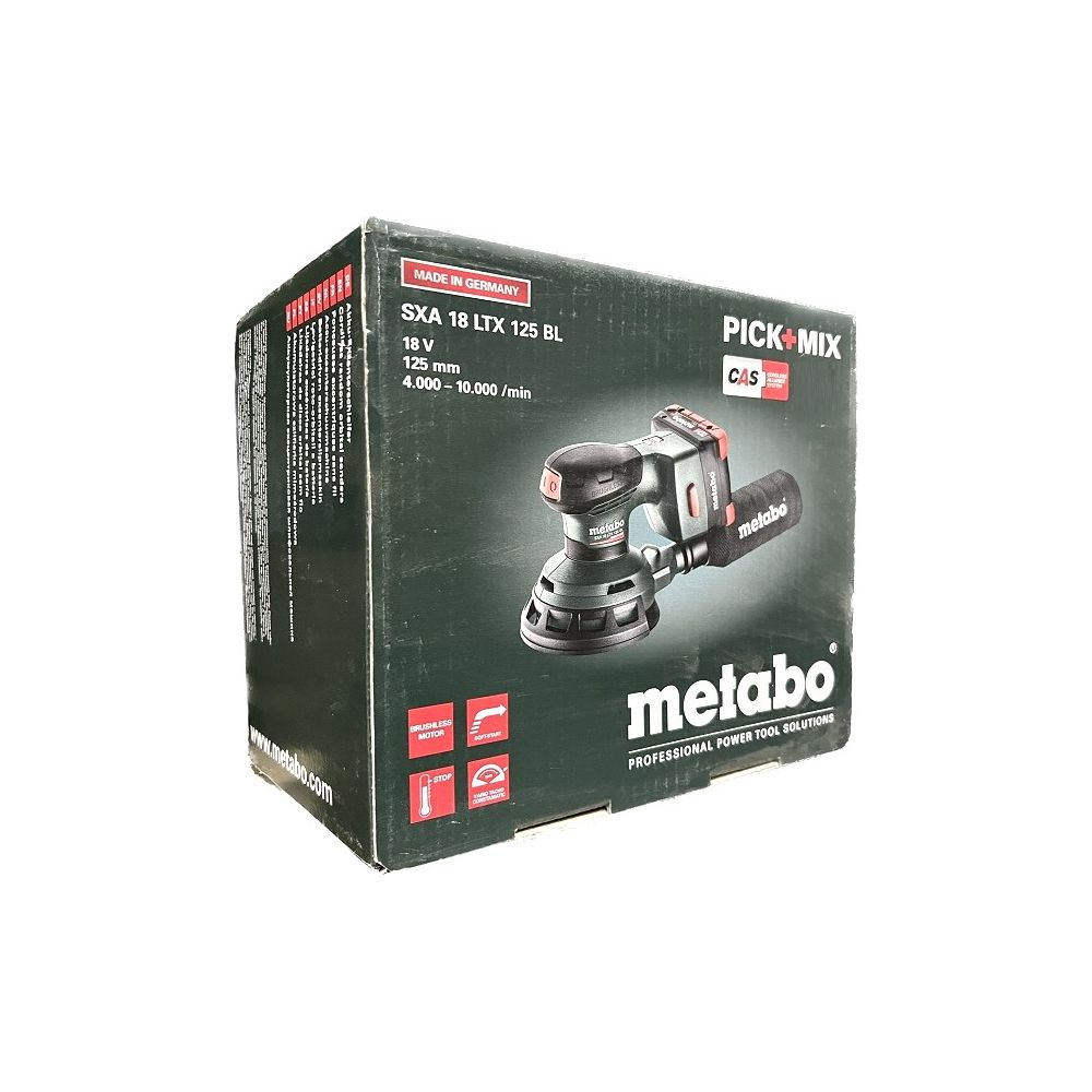 Emballage d'une ponceuse orbitale Metabo SXA 18 LTX 125 BL, Made in Germany.