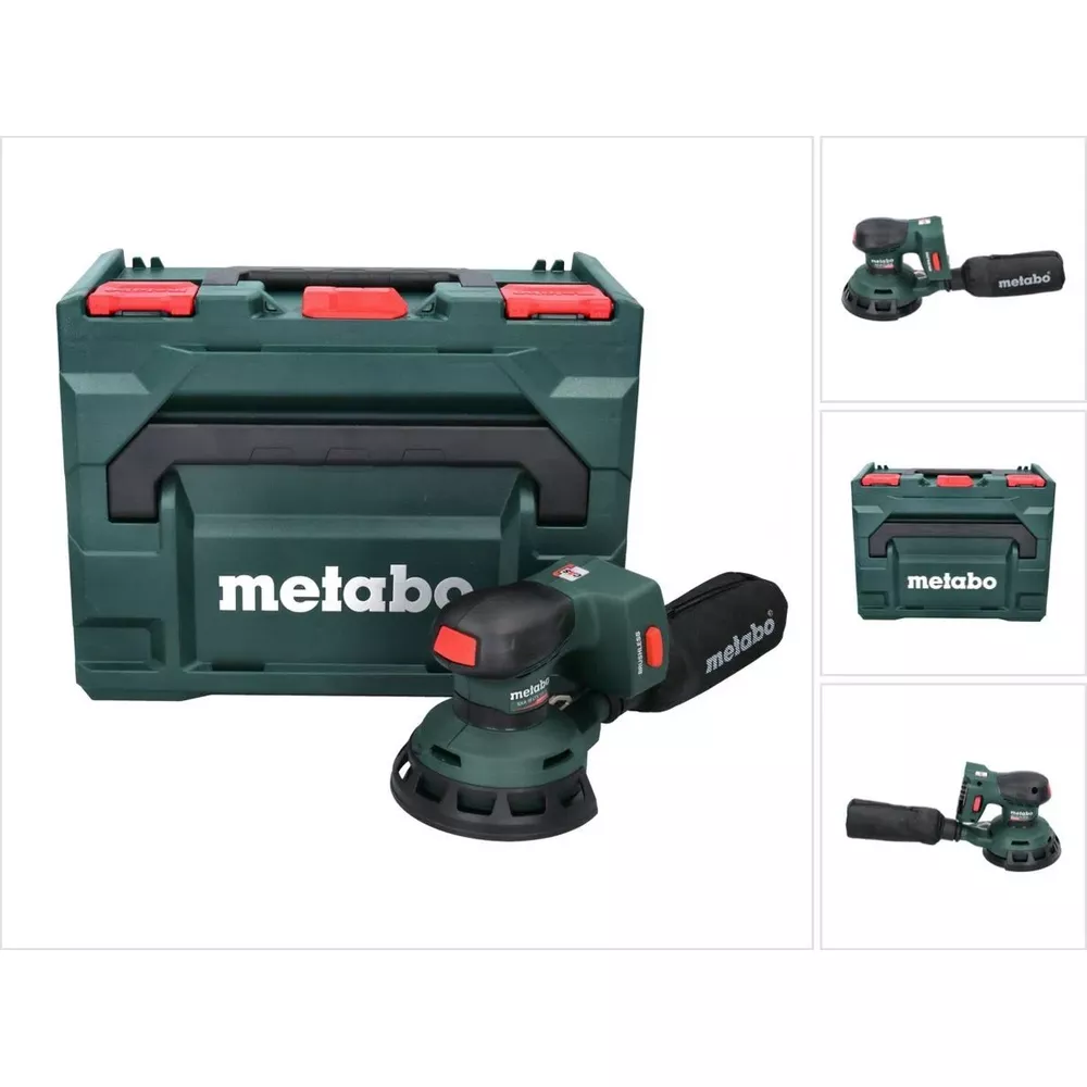 Ponceuse orbitale Metabo verte avec mallette et accessoires.