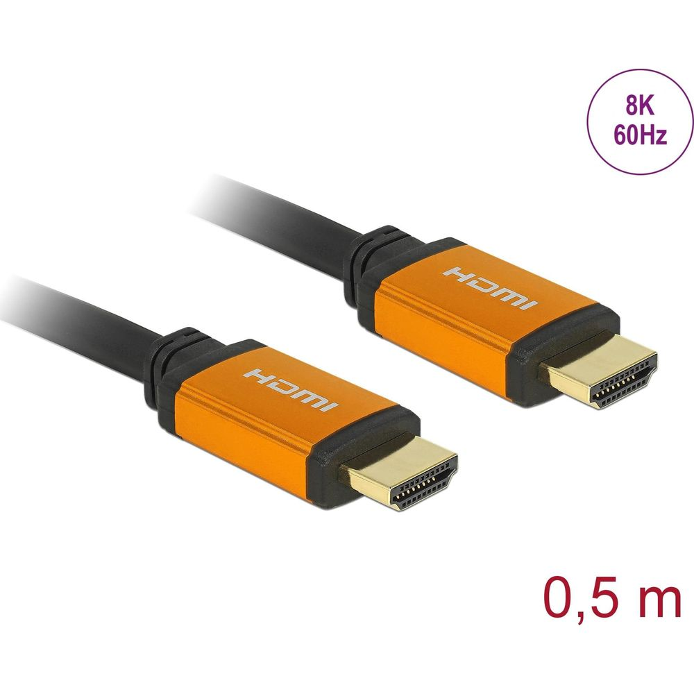 Twee HDMI-kabels met oranje connectoren, gelabeld 8K 60Hz.