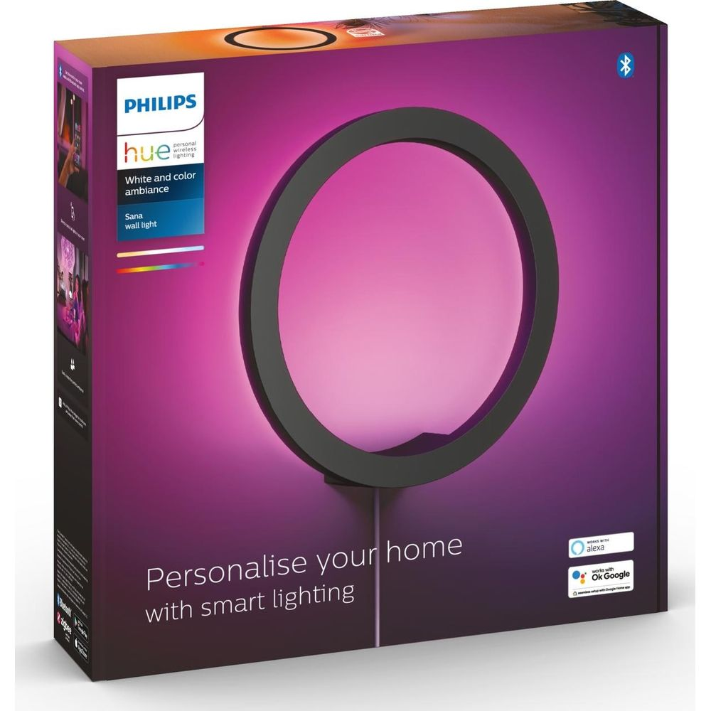 Pudełko lampy ściennej Philips Hue Sana z różowym światłem, tekst smart.