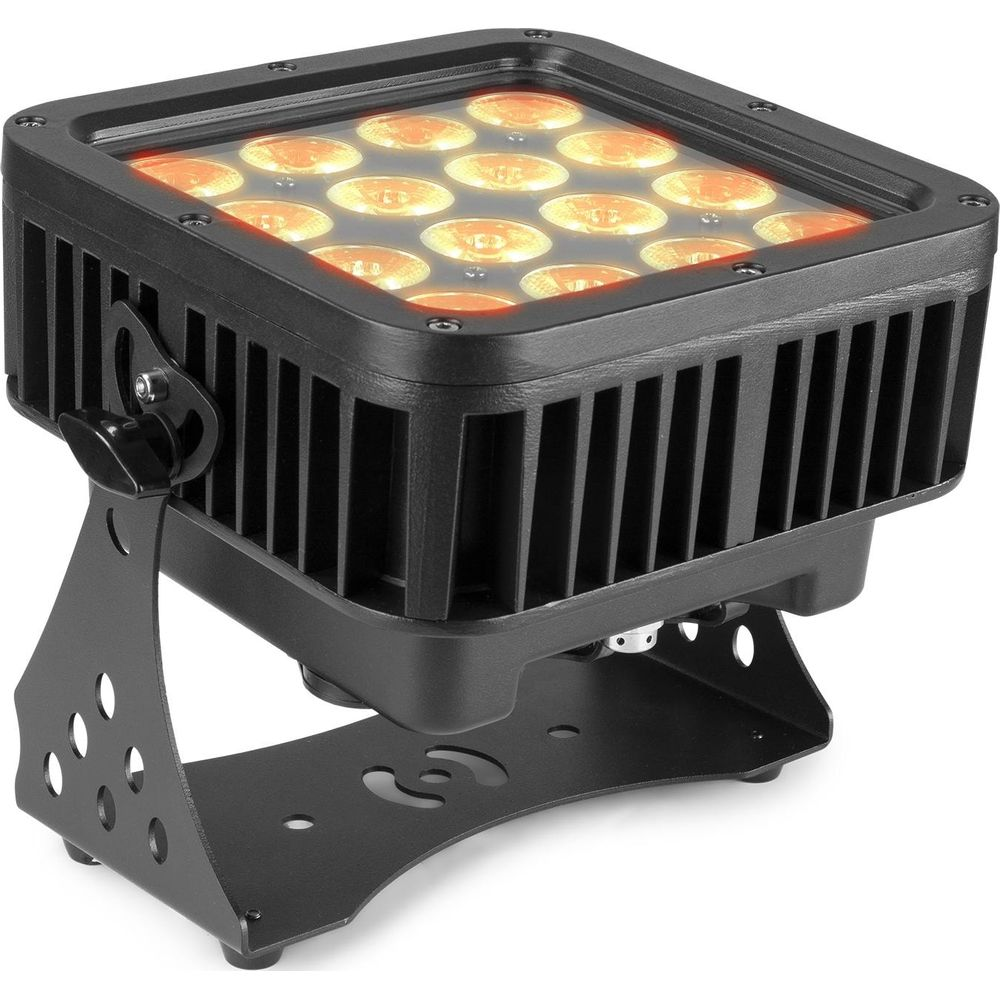 Foco negro con LEDs naranjas sobre un soporte metálico.
