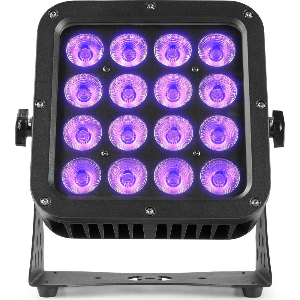 Foco UV negro con 16 LEDs emitiendo luz púrpura.