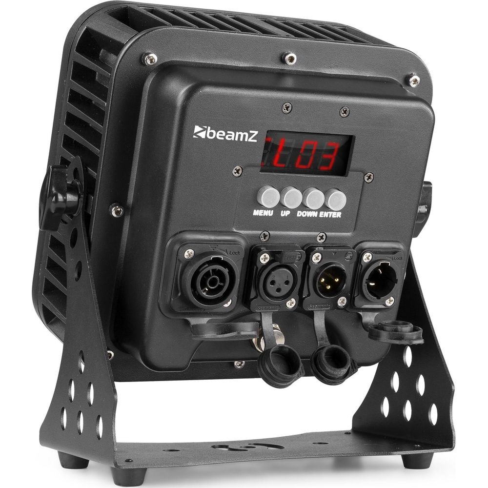 Un foco LED BeamZ negro con pantalla digital, botones de control y conectores.