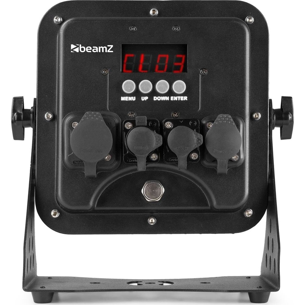 Dispositivo BeamZ negro con pantalla LED roja, cuatro botones y cuatro conectores de alimentación/DMX.