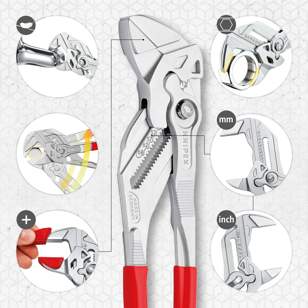 Zbliżenie czerwonych szczypiec KNIPEX ze wskaźnikami rozmiaru.