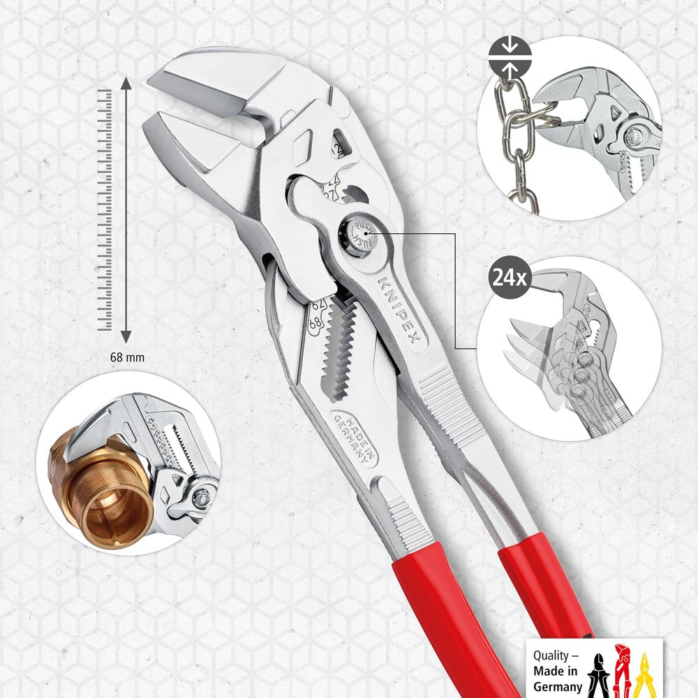 Szczypce Knipex do pomp wodnych z czerwonymi rękojeściami, skala 68mm, widok łańcucha i 24x.