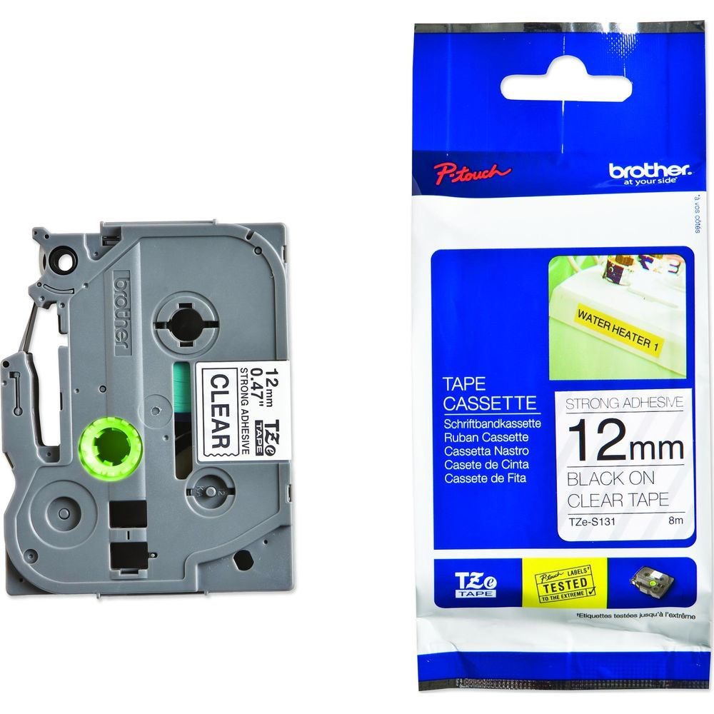 Cassetta Brother TZe-S131, 12mm nero su nastro TZe trasparente.