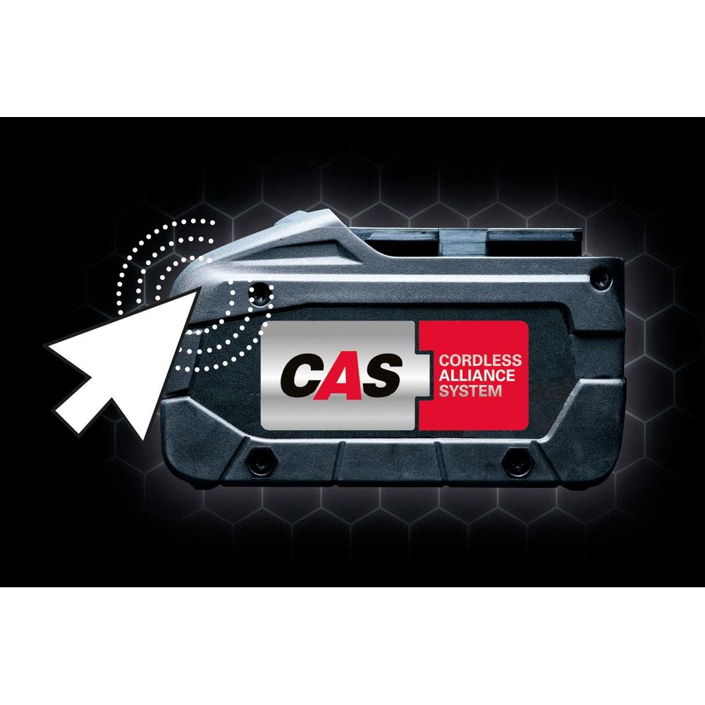 Czarna bateria z logo CAS i białym strzałką wskazującą na nią.