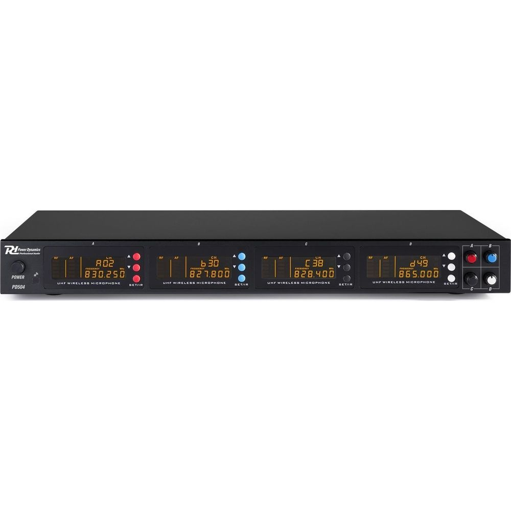 Black rackmount unit with four digital displays for wireless microphones.