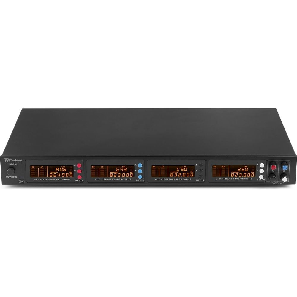 Black rackmount unit with four digital displays and controls.