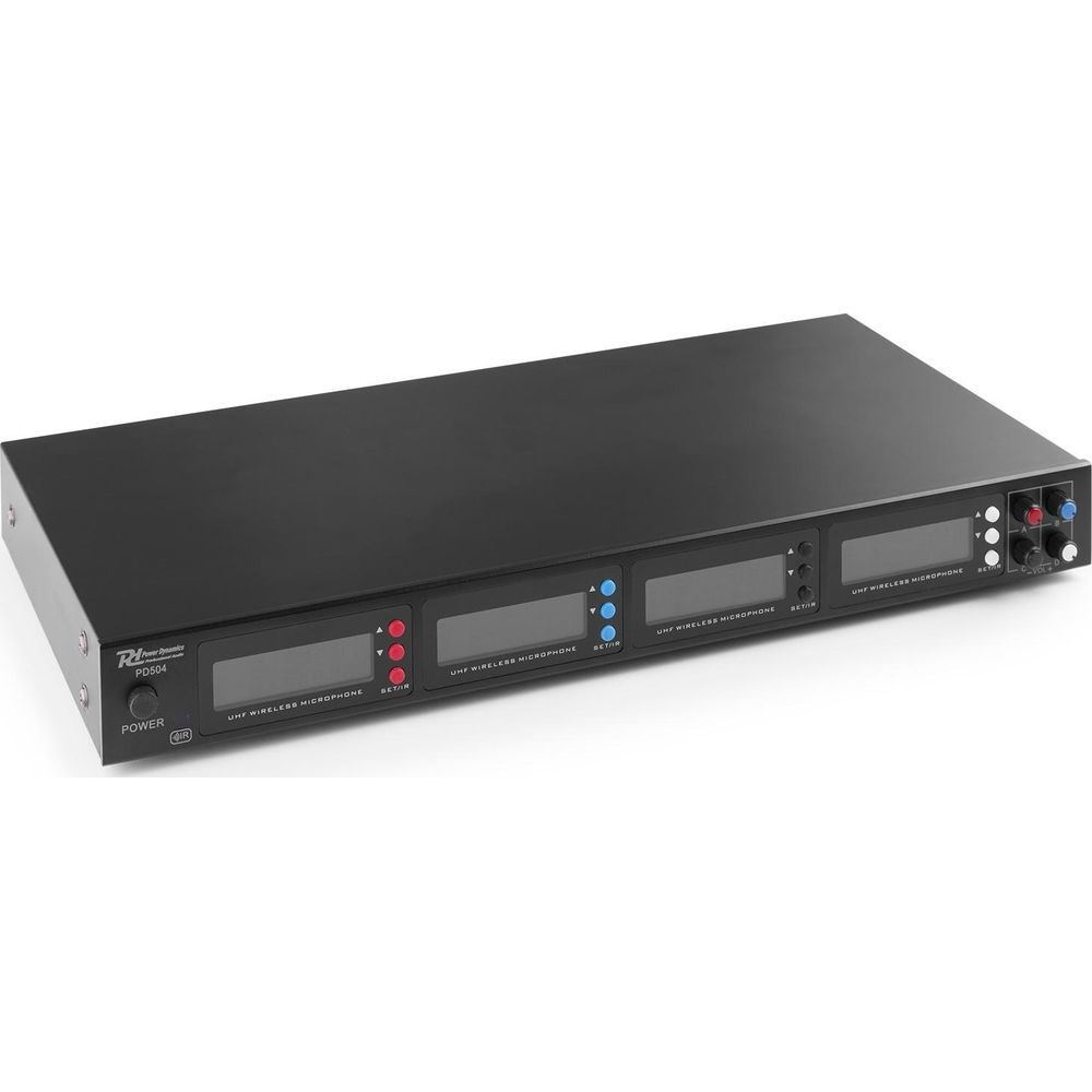 A black rackmount unit with three digital displays, buttons, and volume knobs.