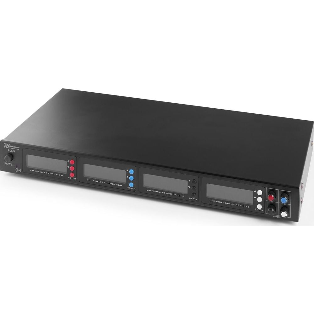 Black UHF wireless microphone receiver with four channels and displays.