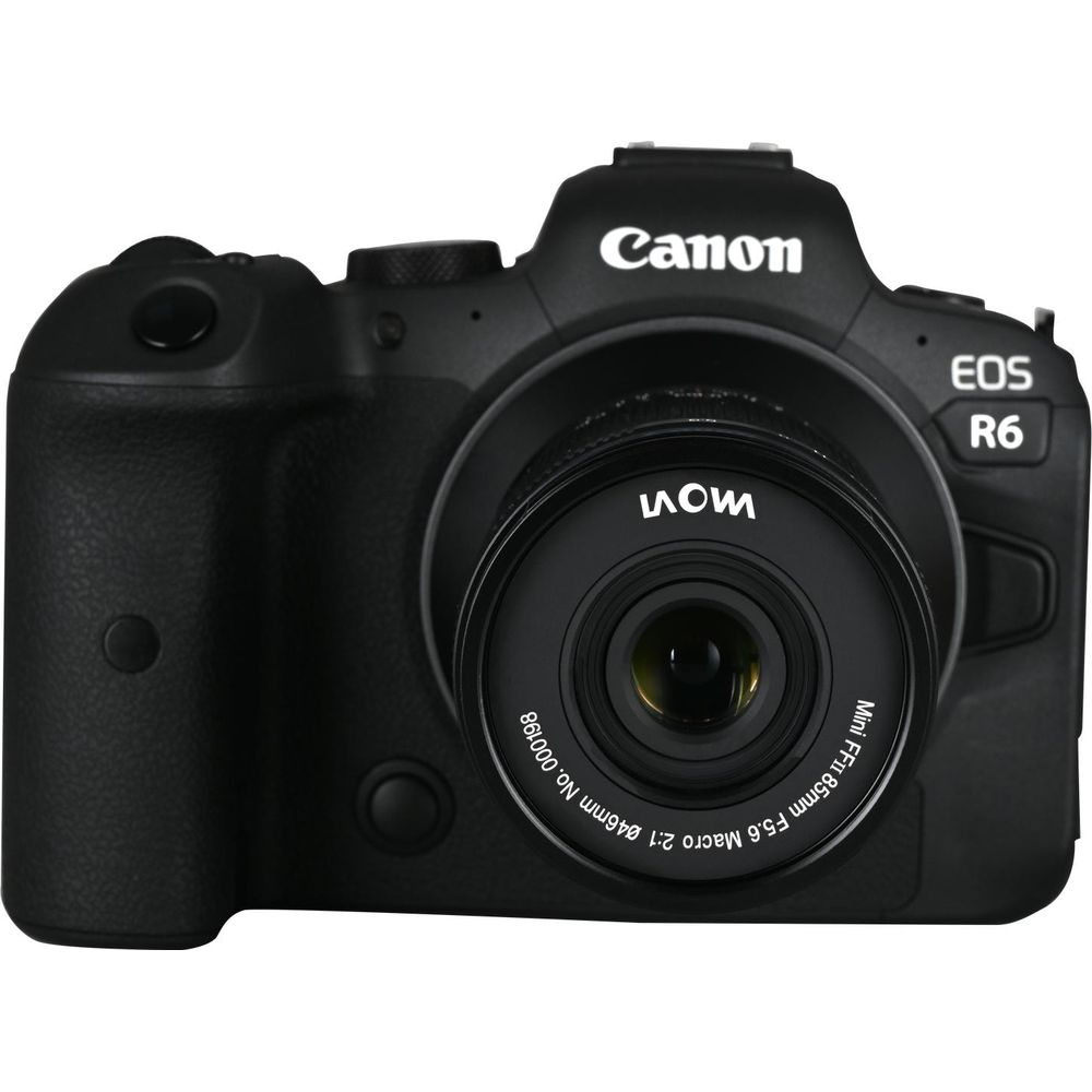 Zwarte Canon EOS R6 camera met macrolens.