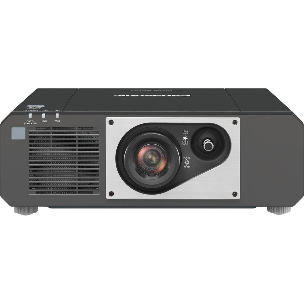 Un proiettore Panasonic nero con obiettivo e pulsanti di controllo.