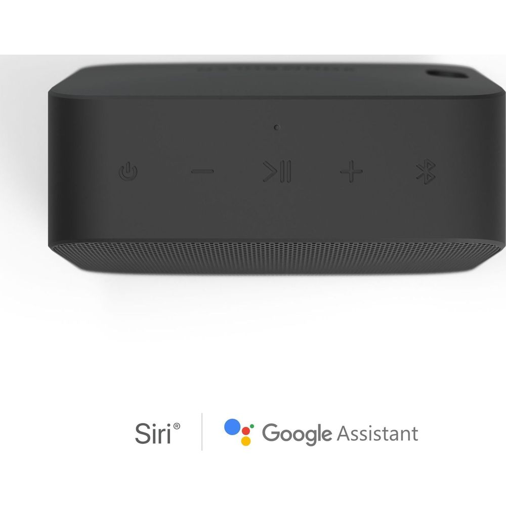 Schwarzer Lautsprecher mit Bedienelementen und Logos für Siri und Google Assistant.