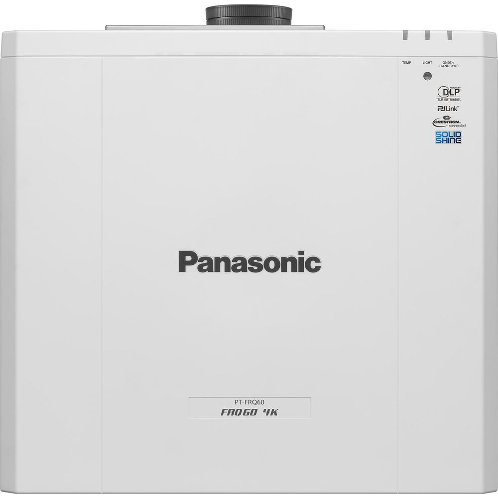Weißer Panasonic-Projektor mit DLP- und SOLID SHINE-Logos. Modell PT-FRQ60 4K.