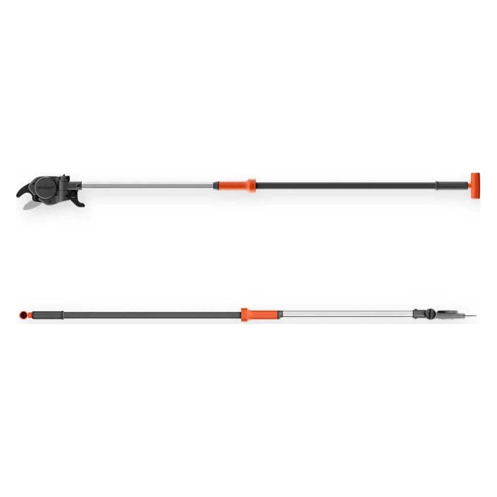 Srebrny drążek teleskopowy z pomarańczowymi uchwytami i piłą do przycinania u góry.