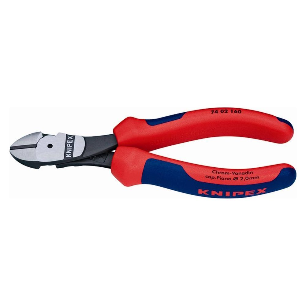 Red and blue side cutters with silver cutting edge and black handle.