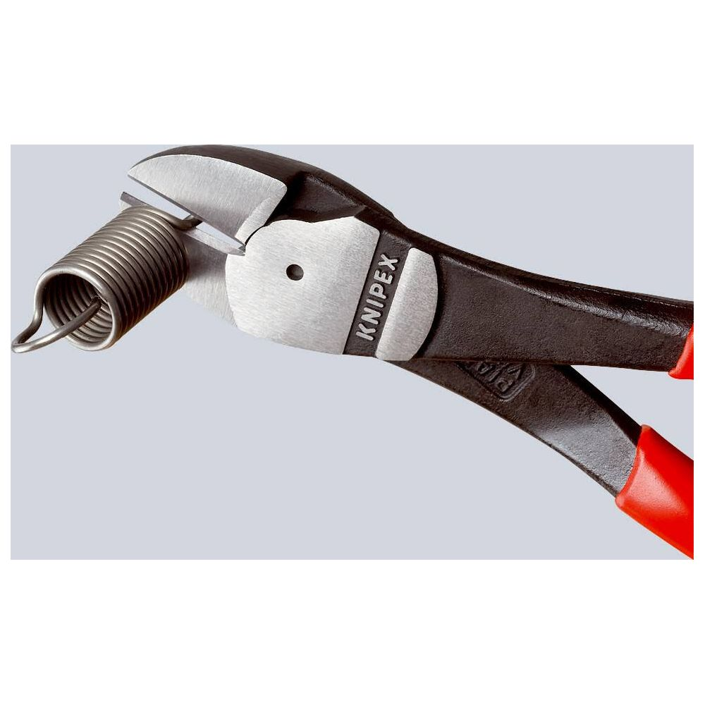 Knipex side cutters with red handles cutting a wire spring.