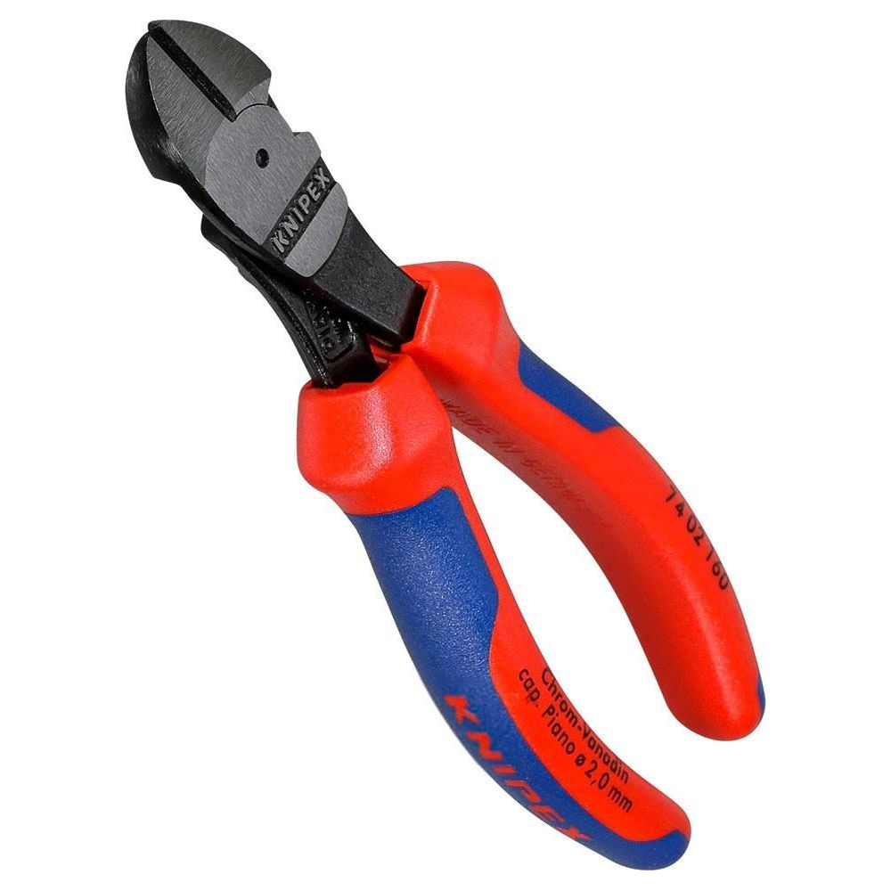Knipex wire cutters with red and blue handles and metal cutting jaws.