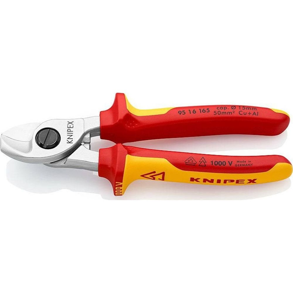 Pinze rosse e gialle con testine di taglio argentate, logo Knipex.