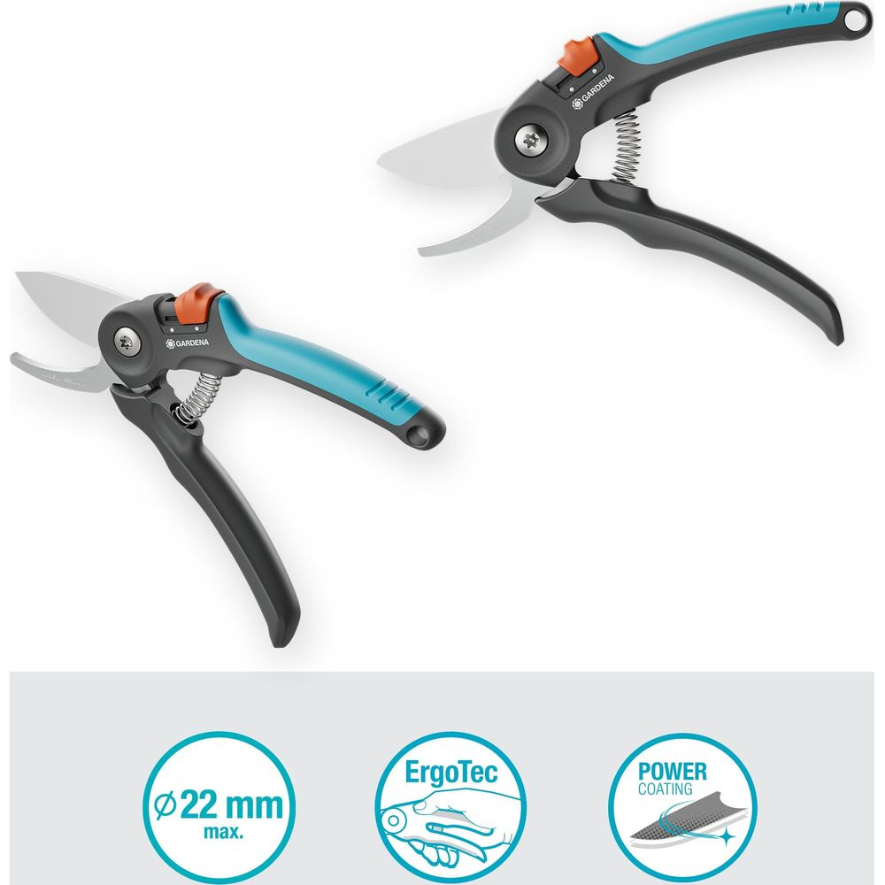Dwie sekatory ogrodnicze, jedna na górze i jedna na dole, z niebieskimi uchwytami.