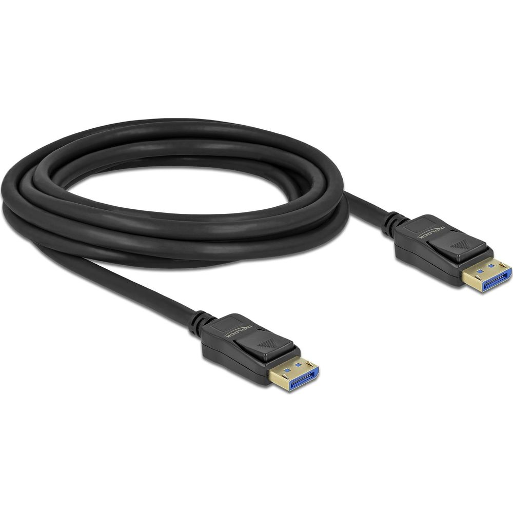 Ein schwarzes DisplayPort-Kabel mit zwei Anschlüssen auf weißem Hintergrund.