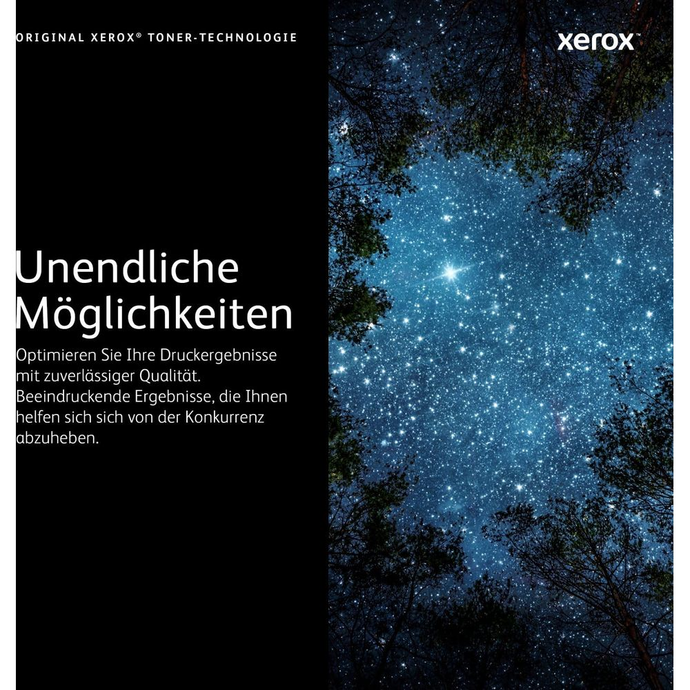 Logo Xerox nad gwieździstym niebem i drzewami. Tekst: Nieskończone możliwości.