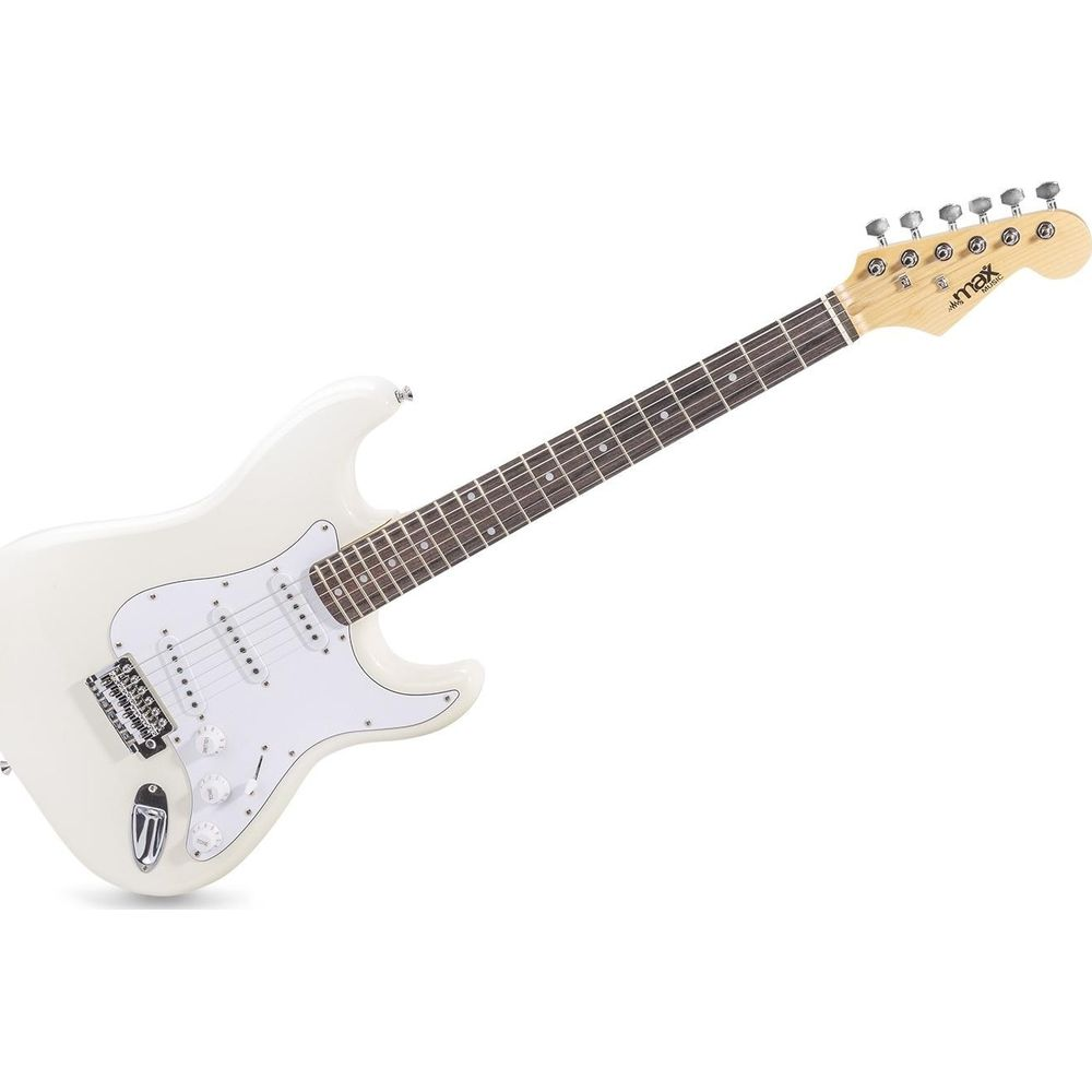 Eine weiße E-Gitarre mit einem Palisandergriffbrett und silberner Hardware.