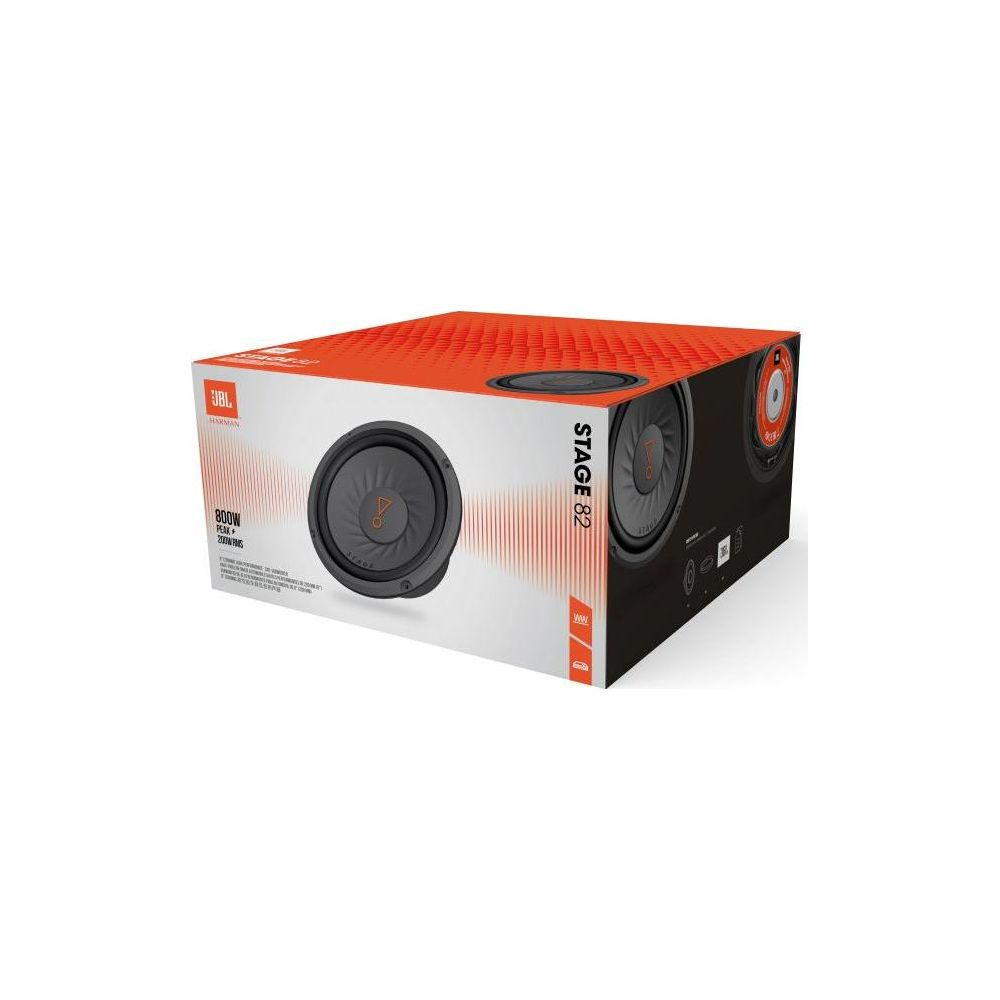 Scatola subwoofer JBL Stage 82 con design arancione e nero.