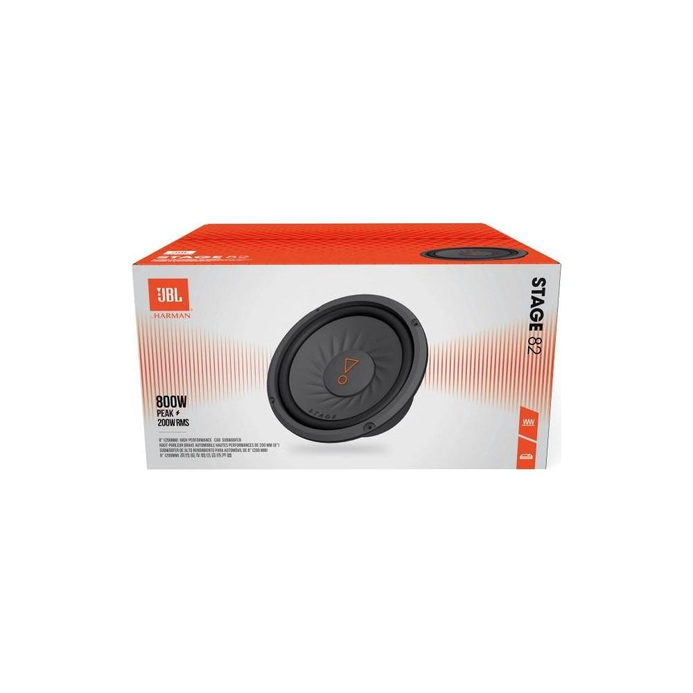 Scatola subwoofer JBL Stage 82 con altoparlante e potenza visibili.