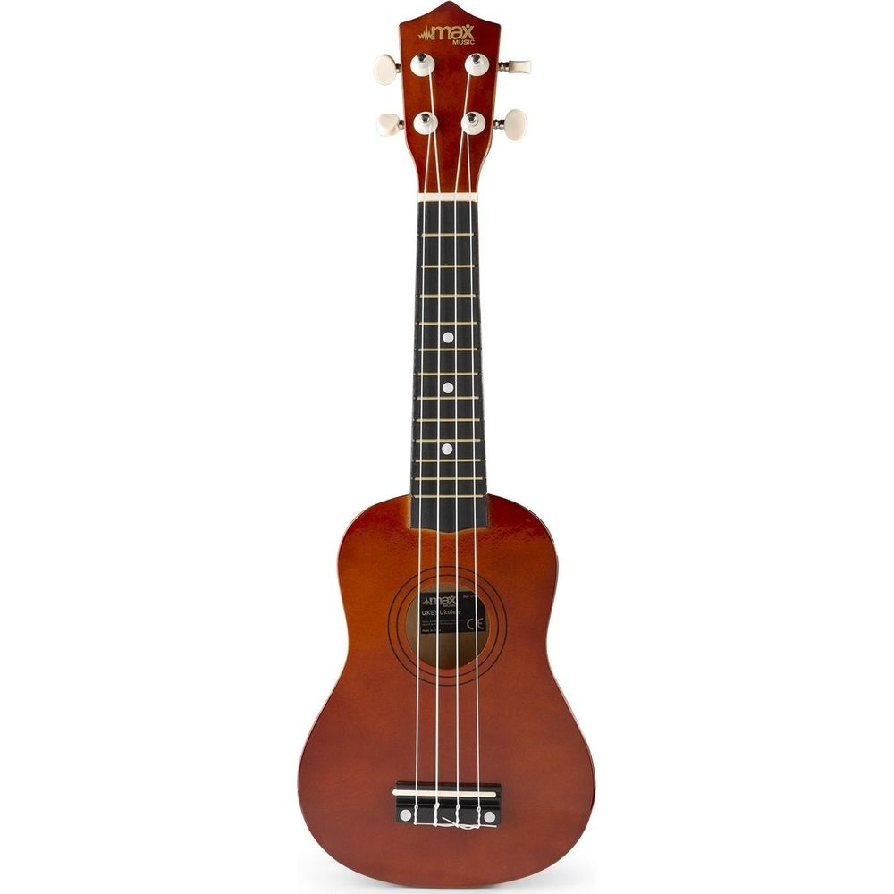 Una ukelele marrón con cuatro cuerdas y clavijas blancas. Es visible el logo 'max MUSIC'.