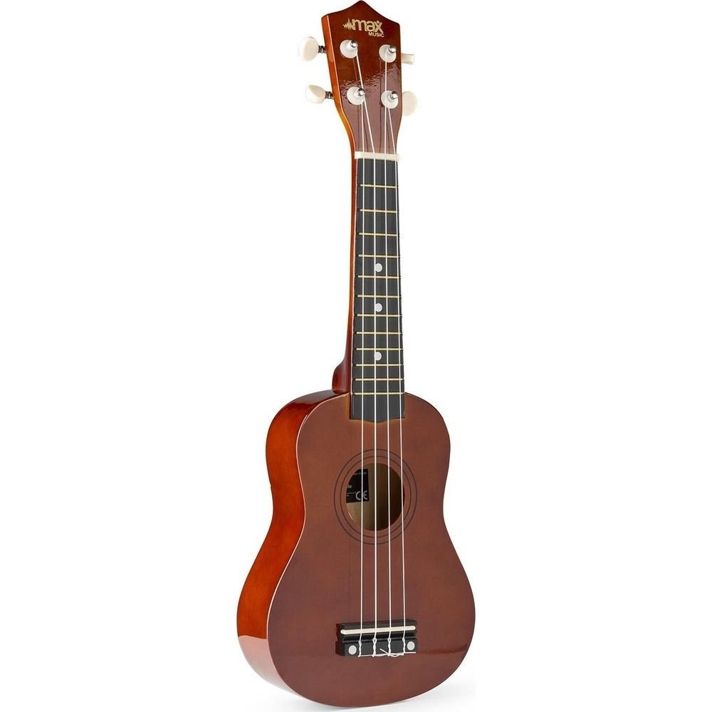Una ukelele marrón de cuatro cuerdas con mástil claro y clavijas de afinación.