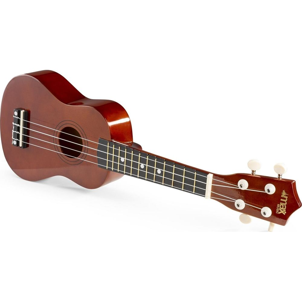 Una ukelele marrón con cuatro cuerdas y clavijas blancas en el clavijero.
