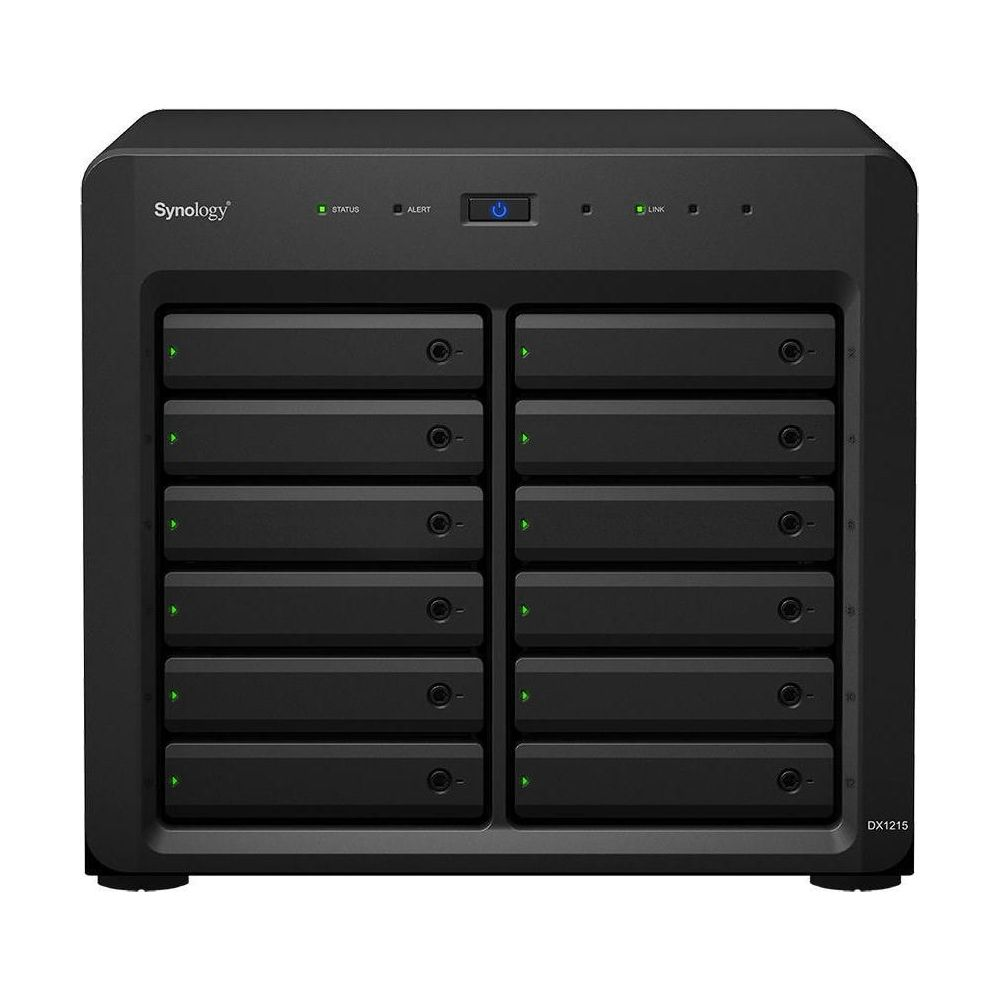 Un enclosure NAS Synology DX1215 nero con 12 alloggiamenti per unità.