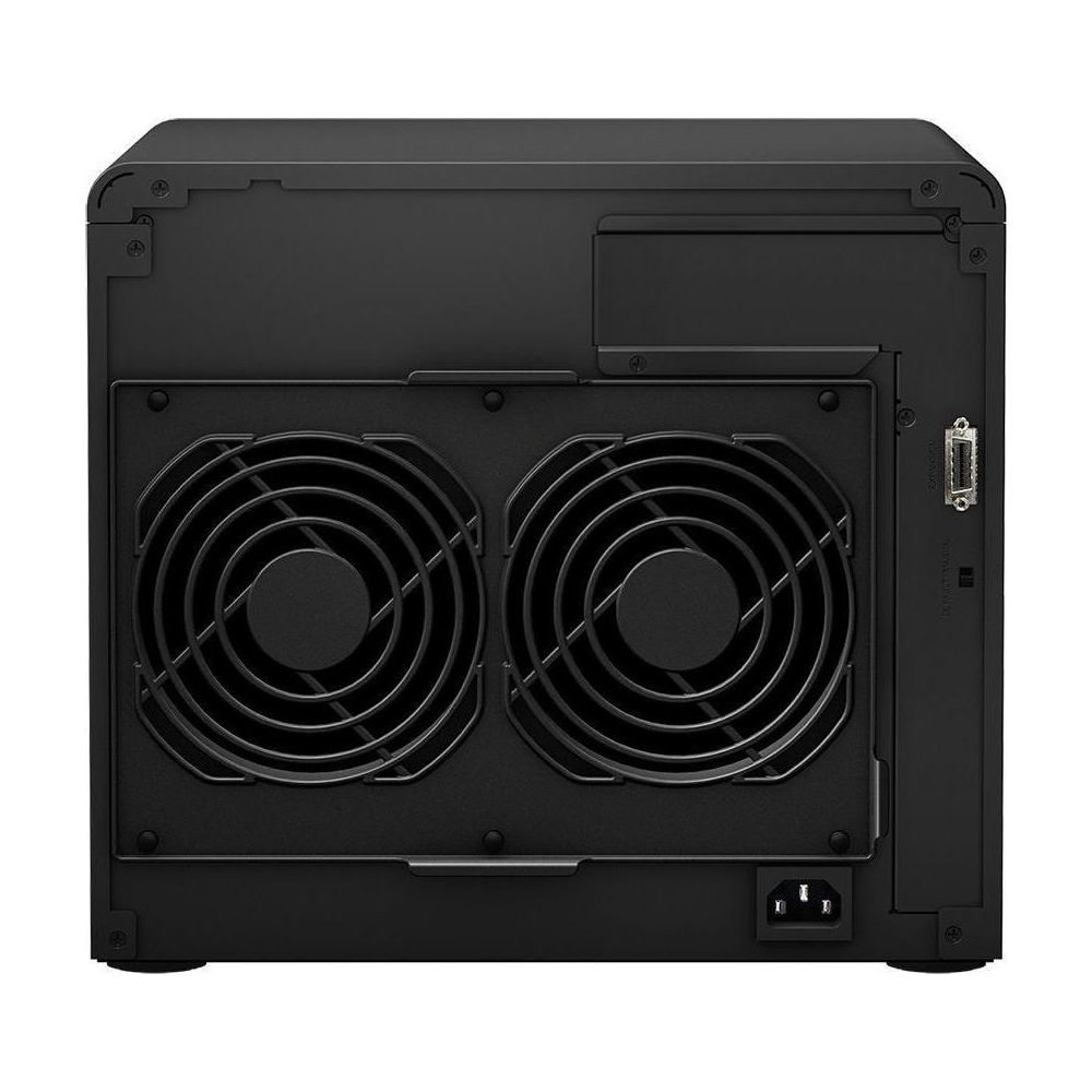 Retro del dispositivo NAS nero con due ventole, porte e connettore di alimentazione.