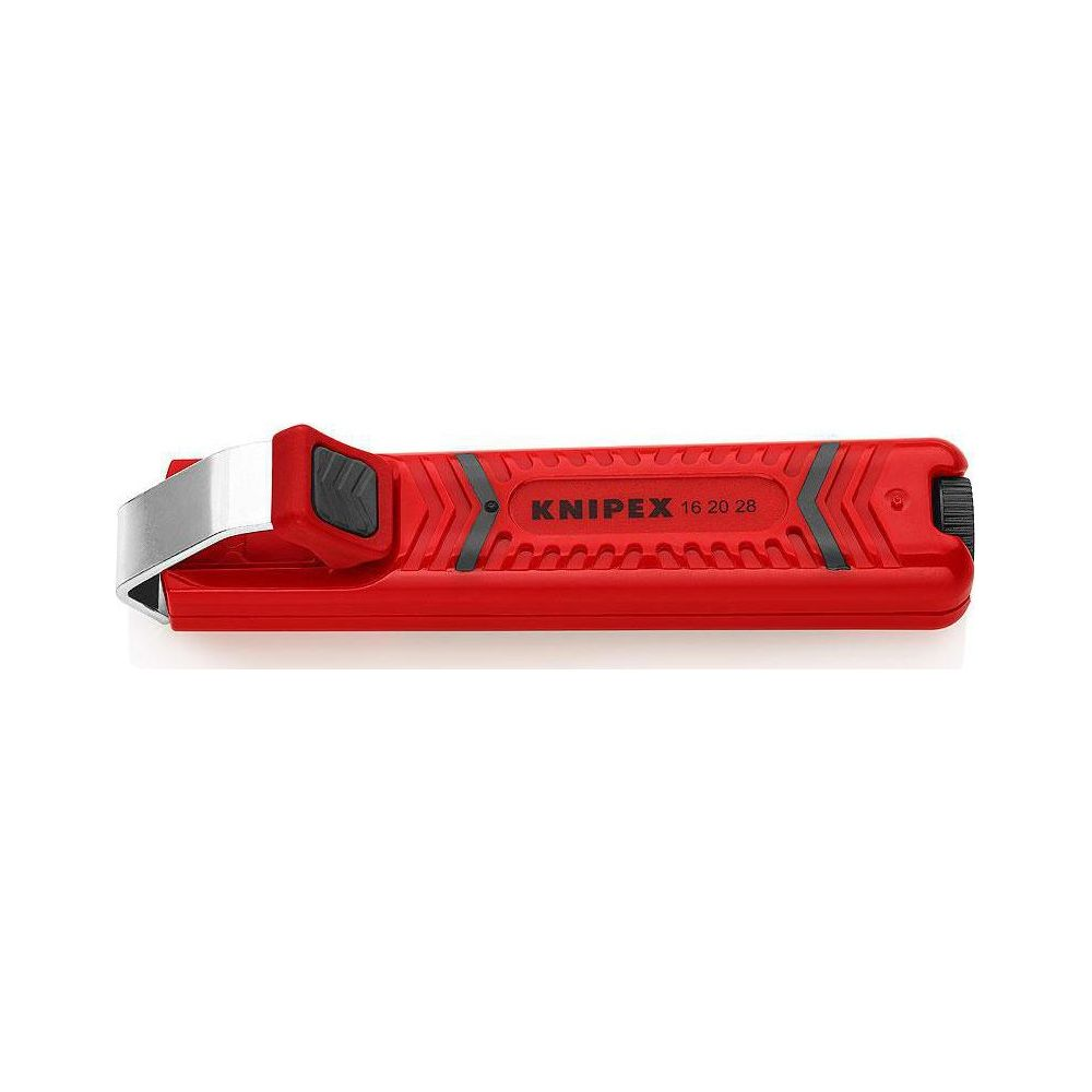Una pinza spellafili Knipex rossa con lama argentata e impugnatura nera.
