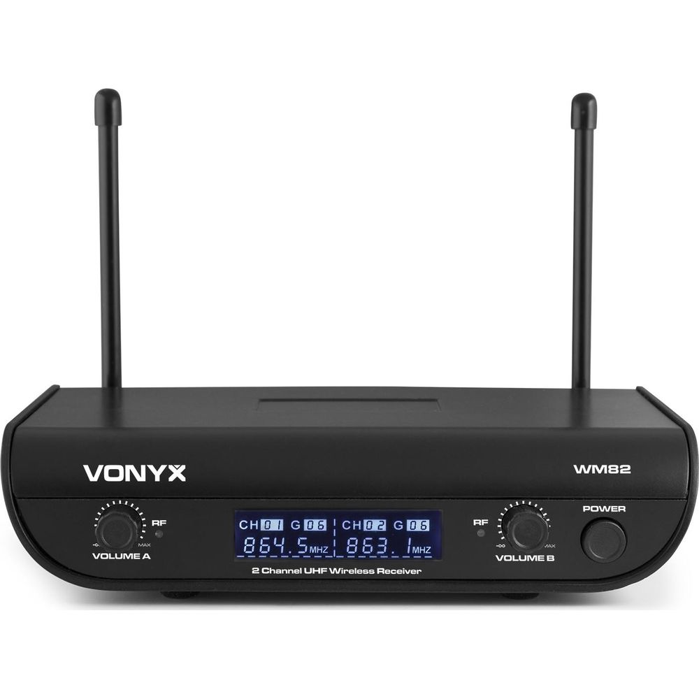 Black Vonyx WM82 2-channel UHF wireless receiver with antennas and display.