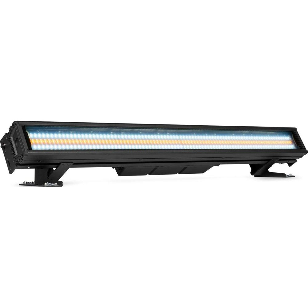 Una barra de luz negra con muchos LEDs en tonos azules y ámbar, montada sobre soportes.