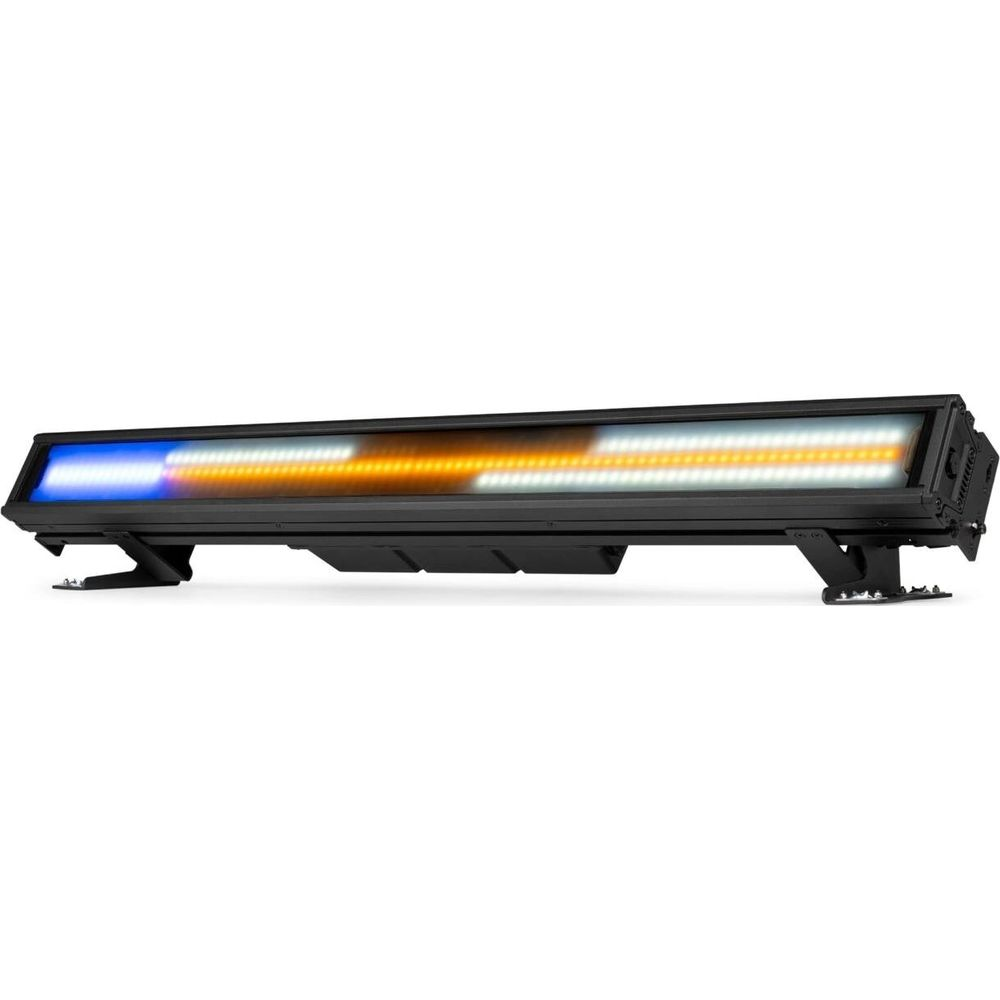 Una barra de luz negra con LEDs azules, naranjas y blancos, montada sobre soportes.