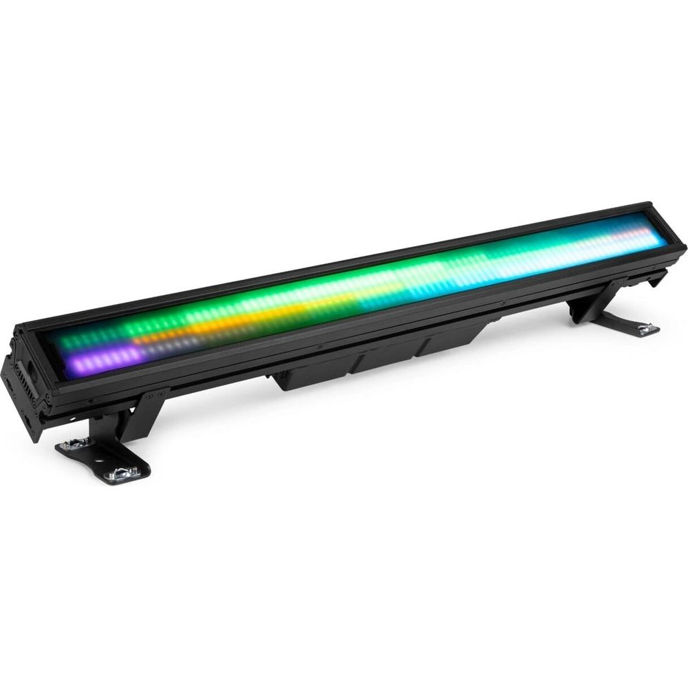 Una barra LED negra con luces de colores, sobre pies metálicos.