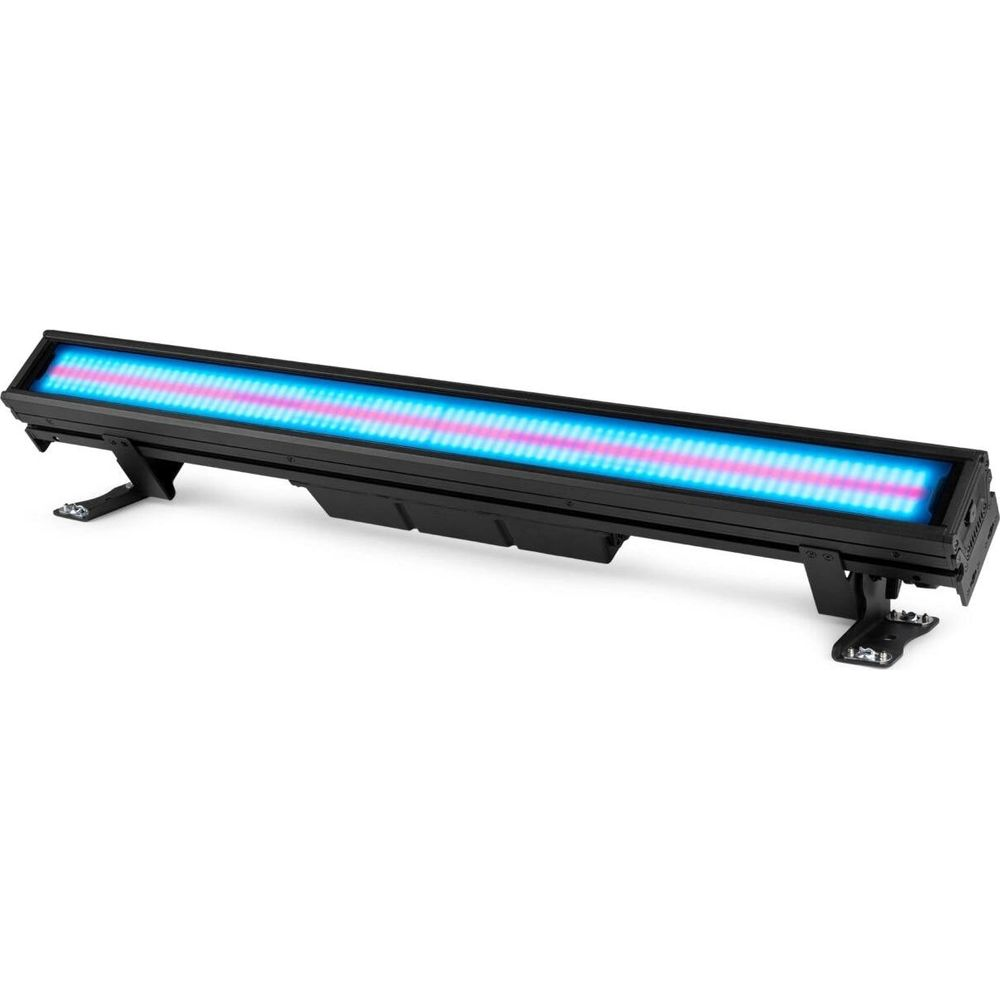 Una barra de luz negra larga brilla en azul y rosa.