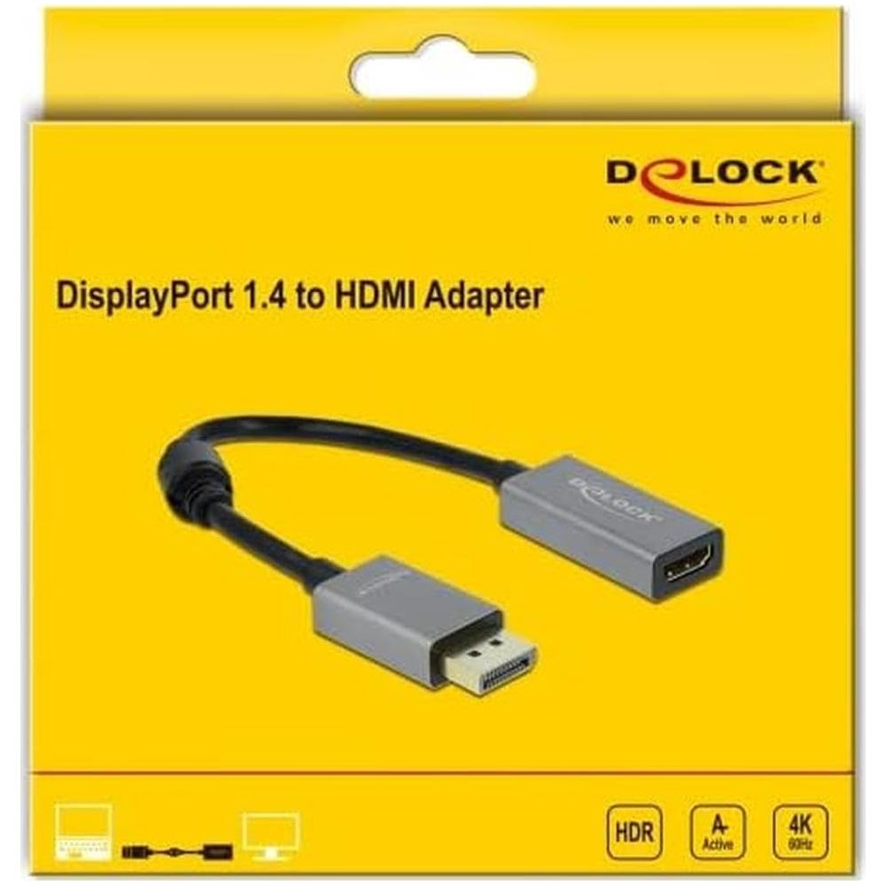 Adattatore DisplayPort 1.4 a HDMI con connettori grigi e cavo nero.
