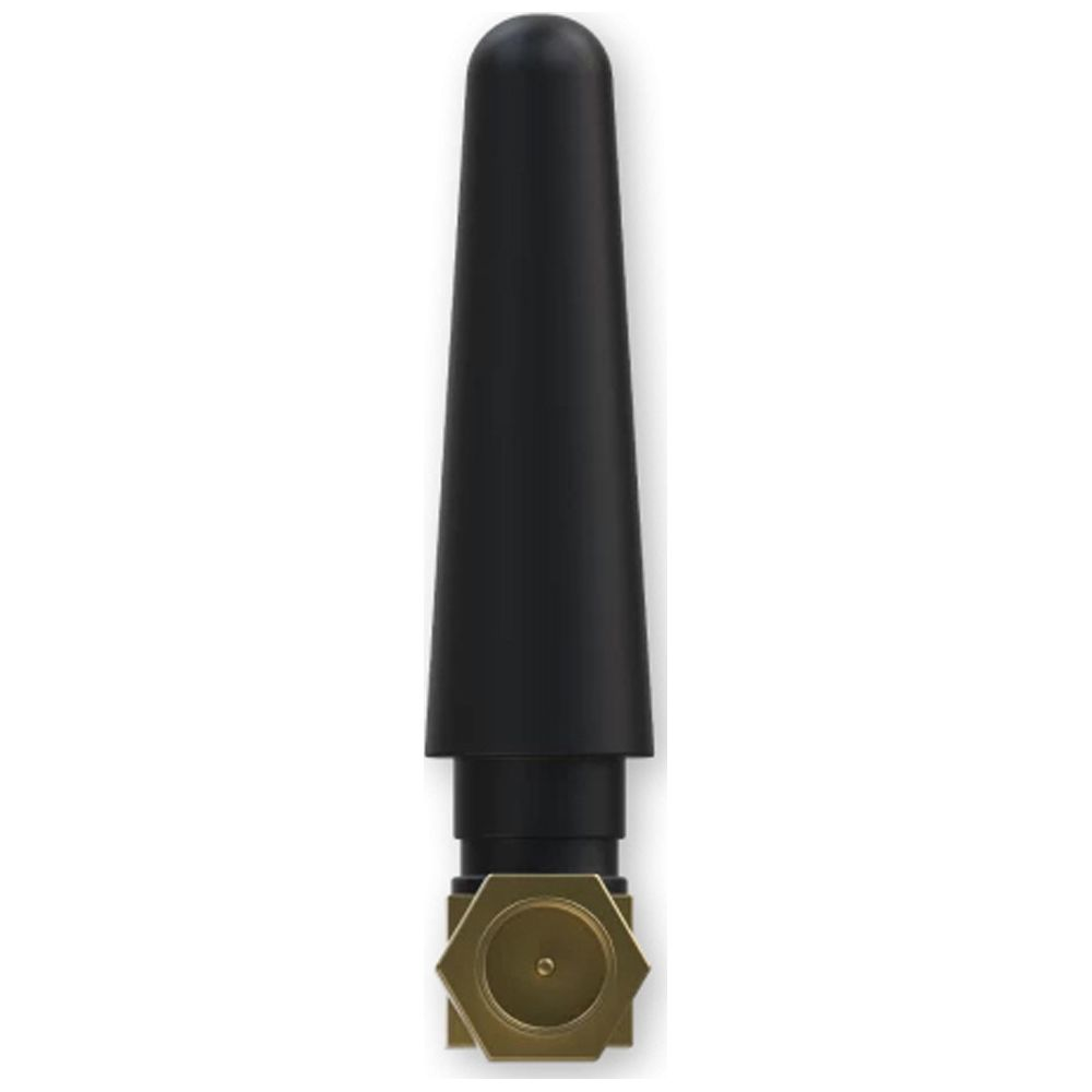 Czarna antena ze złotym złączem, na białym tle.