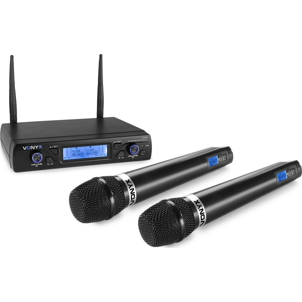 Een zwarte Vonyx draadloze microfoonontvanger met twee zwarte microfoons.