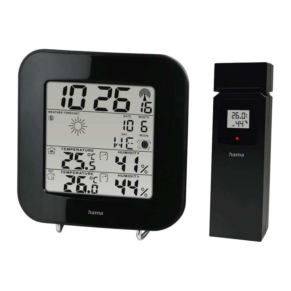 Czarna cyfrowa stacja pogodowa z czujnikiem zewnętrznym. Pokazuje temperaturę i wilgotność.