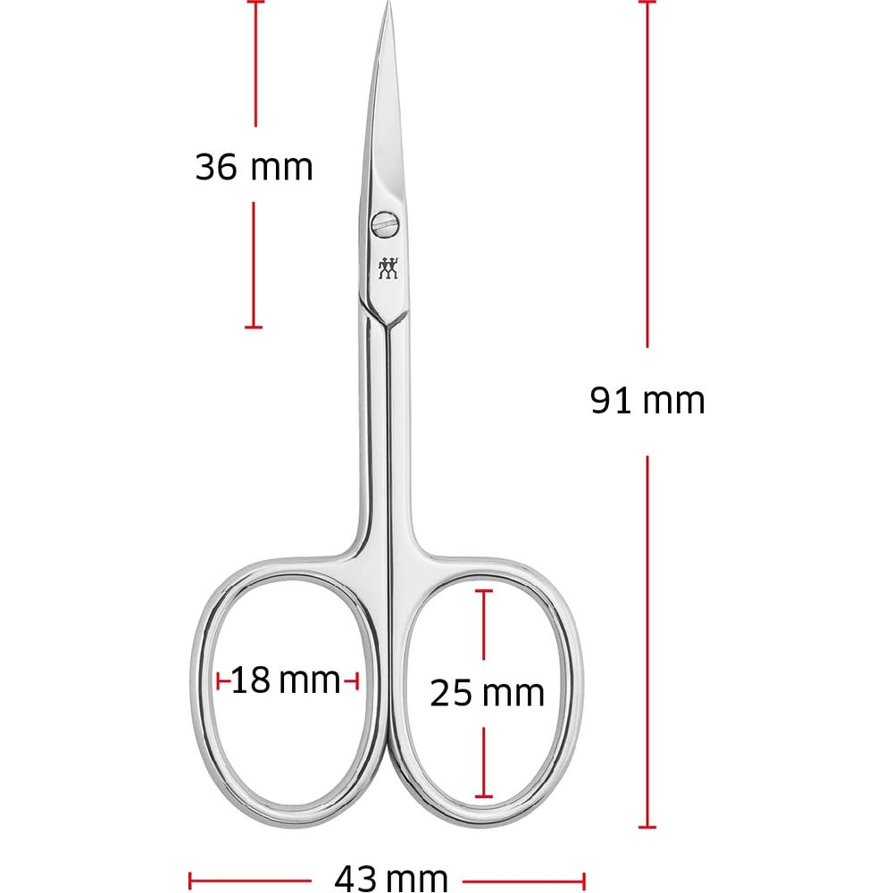 Srebrne nożyczki z wymiarami: 91 mm długości, 36 mm szerokości.