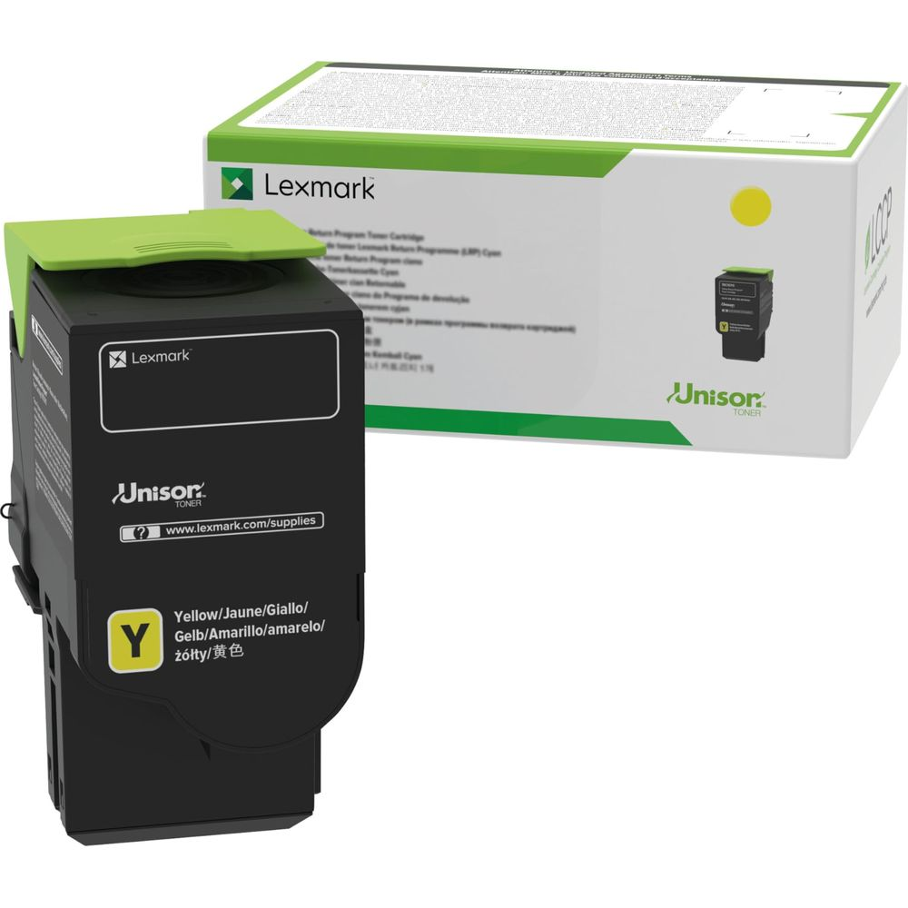 Lexmark-Toner in Gelb, vorne und in Verpackung. Beides mit Lexmark-Logo.